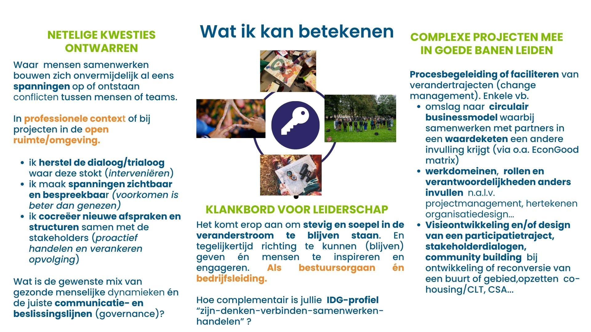 1. Netelige kwesties ontwarren
2. klankbord voor leiderschap
3. Complexe projecten mee in goede banen leiden